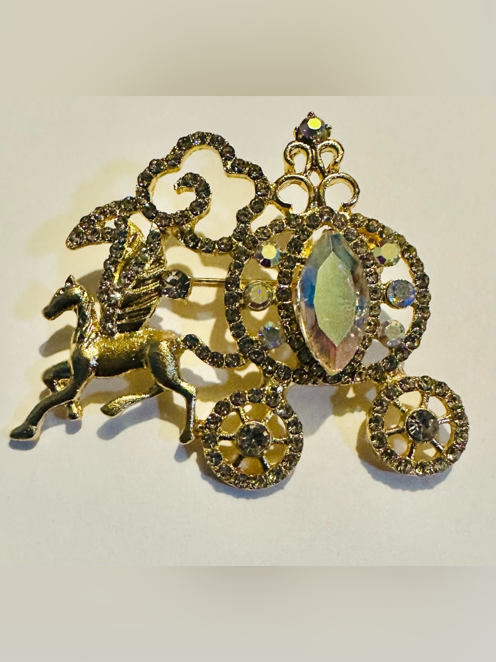 Gold-Tone Iridescent Crystal Horse and Carriage Brooch